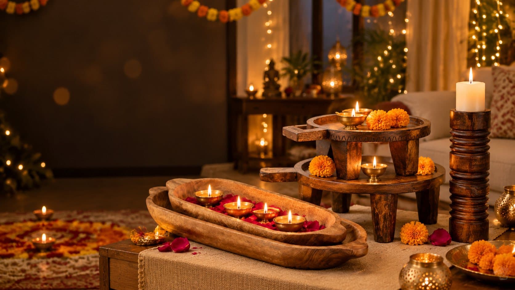 Mango wood risers, dough bowl and candle stand lit with diyas and marigolds for Diwali