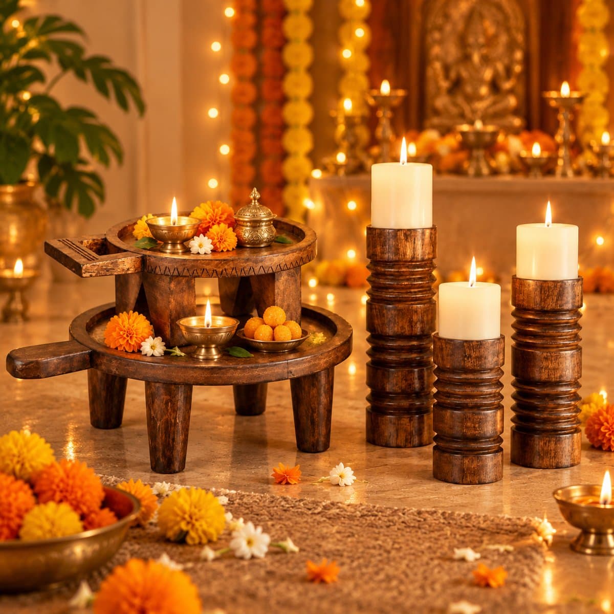 Diwali Pooja Set — Mango Wood Tray Riser Set + 3 Candle Stands