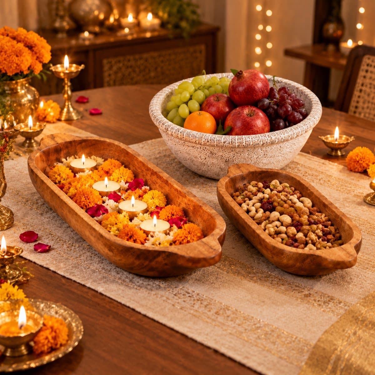 Diwali Serving Set — 2 Mango Wood Dough Bowls + White Distressed Bowl