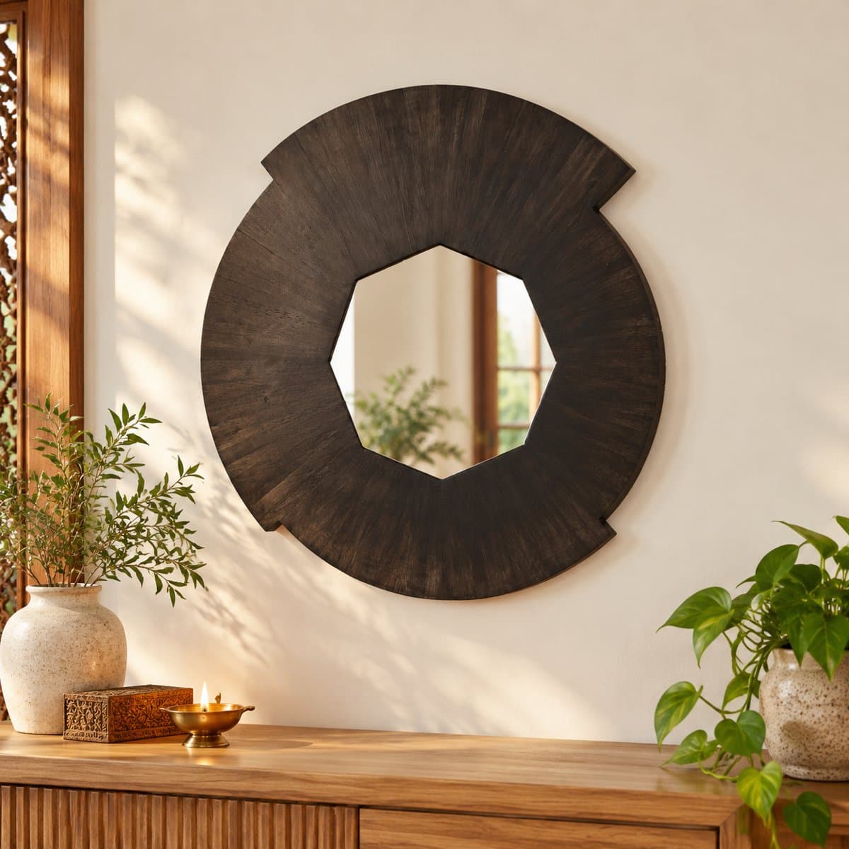 Mango Wood Round Wall Mirror with Heptagon Glass