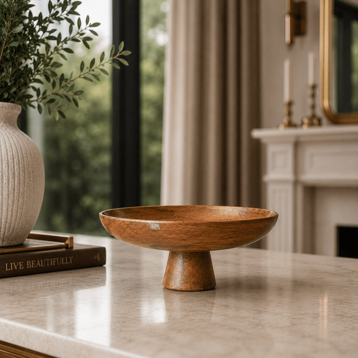 Mango wood bowl on marble surface